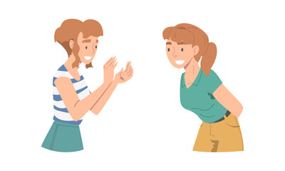 Excited Woman Character Looking at Someone Demonstrating Attention Vector Set