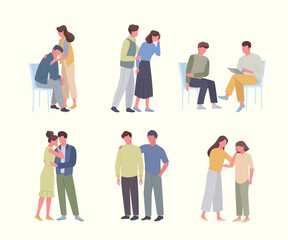 Fototapeta premium reassurance. psychology people support friendly moral reassurance and hugs kids parenthood. Vector concept templates