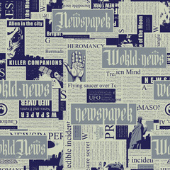 seamless pattern with a collage of newspaper clippings. Abstract background with unreadable text, titles and illustrations. Wallpaper, wrapping paper or fabric design in retro style