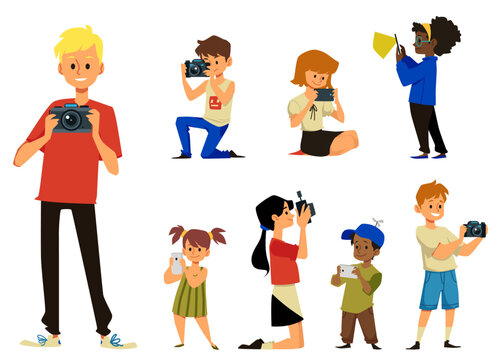 Children with photo cameras taking picture flat vector illustration isolated.