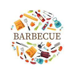bbq. cartoon decorative circle shape with barbecue tools kitchen items grilled products. Vector illustration for print design projects