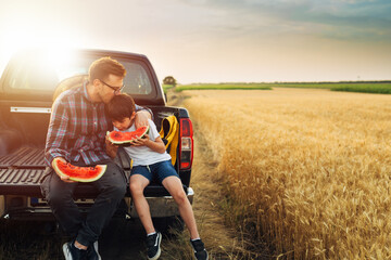 father and son sits on truck of car and eating watermelon. they are outdoor in wheat field