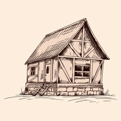 Old rustic wooden house with beams on a stone foundation. A quick pencil sketch on a beige background.