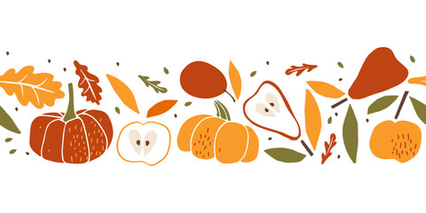 Seamless harvest border. Fruits, vegetables with leaf hand drawn sketch isolated. Whole fruit and cut half. Autumn vector illustration for wallpaper. Food template for menu, cover, nursery design.
