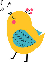 Cute cartoon singing bird. Funny whistle bird illustration, vector clip art