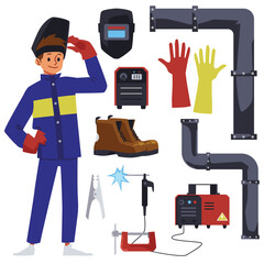 Welder with welding machine and work symbols flat vector illustration isolated.