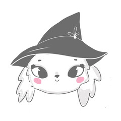 Cute adorable animal in witch hat illustration. Sketch style funny creature for prints design