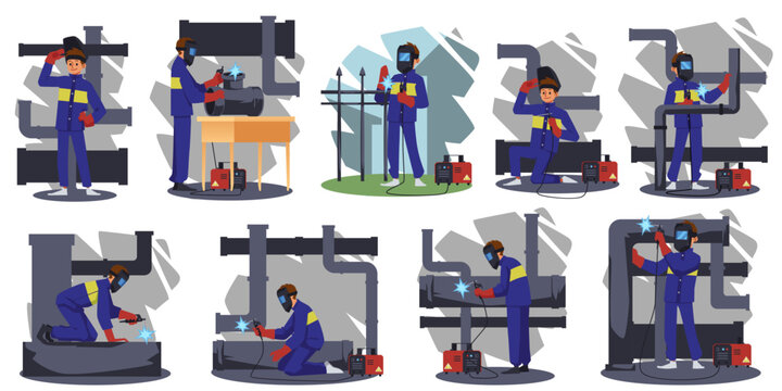 Welding Industrial Work Banners With Workers, Flat Vector Illustration Isolated.