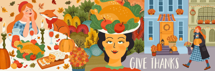 Happy Thanksgiving banner. Hand drawn graphic arts and textures. Vector design.
