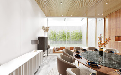 Large modern style of dining room , wooden and marble material , daylight from window.3D illustration