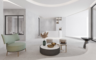 Interior of modern style office, Reception desk,clean and white tone.3D illustration