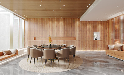 Large modern style of dining room , wooden and marble material , daylight from window.3D illustration