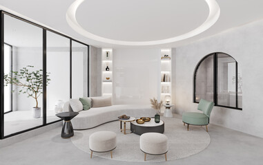 Interior of modern style office, Reception desk,clean and white tone.3D illustration