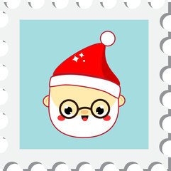 Chiristmas postal stamp with Santa Claus face. New year postage symbol. Vector icon