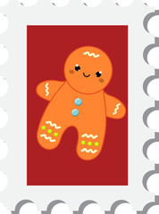 Chiristmas postal stamp with gingerbread man. New year postage symbol. Vector icon
