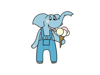 Elephant boy in denim overalls eats ice cream.