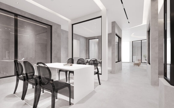 Interior of modern style office, meeting table ,clean and white tone.3D illustration