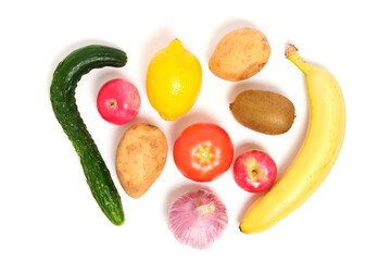 Fruits and vegetables white background, healthy and healthy food.