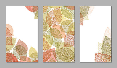 Floral vector templates with autumn leaves. Plant print for holiday stories, greeting cards, banners. Natural trendy web-design. Set of textured backgrounds. Botanical art.
