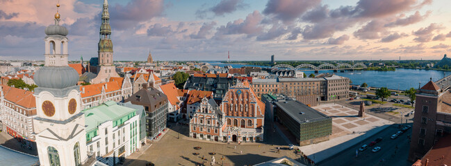 Establishing aerial Bird eye view shot of Riga, Riga skyline, Latvia. Beautiful old town of Riga from above.