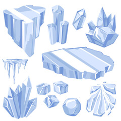 Ice blocks and frozen crystals set of flat vector illustration isolated.