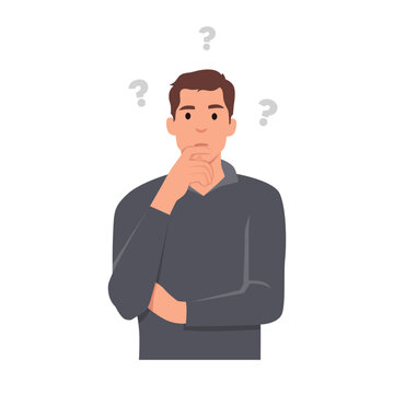 Young man is thinking. Question mark . Flat vector illustration isolated on white background