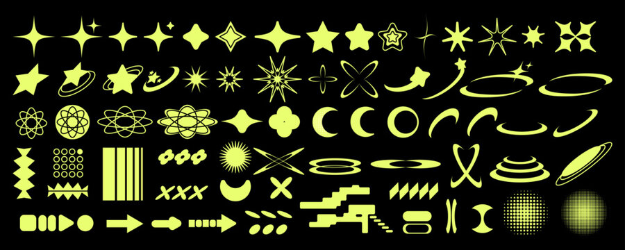 Set of Y2K bling retro elements and acid brutalism shapes. Hipster graphic objects for logo, icon, web design. Modern vector illustration isolated on black background
