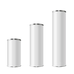 Cylindrical tubes of different sizes with lid, realistic 3d vector illustration isolated on white background.