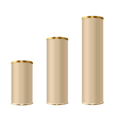 Mockup of golden cylindrical tubes with lid in 3d style, vector illustration isolated on white background.