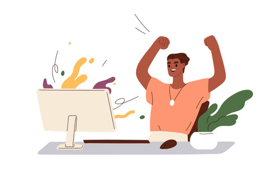 Success at work, victory in business concept. Happy employee at computer desk, rejoicing achieved goal. Successful office worker leader. Flat graphic vector illustration isolated on white background
