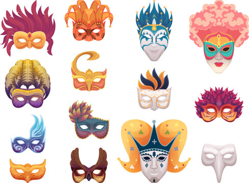 Carnival masks. Venetian fashioned items for faces festive night party colored masks exact vector illustrations isolated