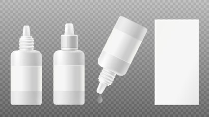 Eye drops or nasal spray bottles and box realistic vector illustration isolated.
