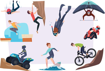Dangerous sport. Outdoor risky extreme activity adventure persons skydiving biking climbers runners exact vector cartoon illustrations