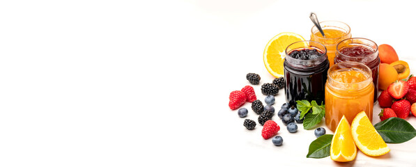 Banner homemade jam in glass jars on a white background, strawberry jam, apricot jam, orange jam, blueberries and blackberries