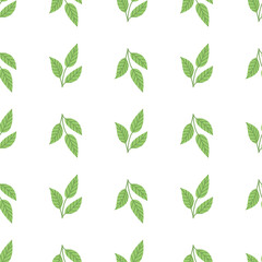 Tea leaves on white background, vector seamless pattern in flat hand drawn style