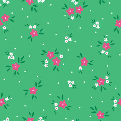 Simple vintage pattern. white and pink flowers, green leaves. bright  green background. Fashionable print for textiles and wallpaper.