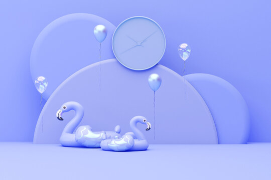 Big clock and inflatable flamingo in pastel purple , blue background. 3d rendering, concept for shopping store and bedroom, studio, holiday, summer time