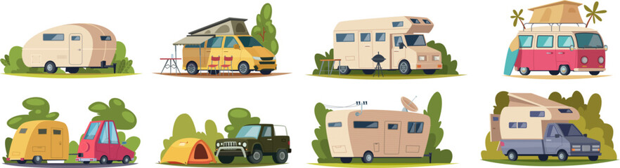 Camping vehicles. Outdoor travel cars for happy vacation time exact vector camping tourism adventure cartoon illustrations - obrazy, fototapety, plakaty