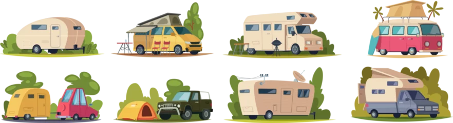 Foto op Plexiglas Kampeer voertuigen. Buiten reizen auto& 39 s voor gelukkige vakantie tijd exacte vector camping toerisme avontuur cartoon illustraties © ONYXprj