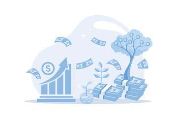 Financial or investment growth, increase earning profit and capital gain, success in wealth management concept, smart businessman investor finish watering growing money plant seedling with coin tree f