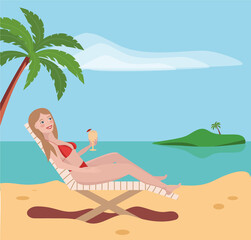 Flat illustration of a girl in a red bikini. Who drinks a cocktail on the beach under the palm trees. Summer illustration for vacation.