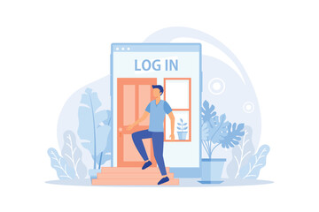 Enter login and password. Registration page on screen. Sign in to your account creative metaphor. Login page. Mobile app with user page. Identification in internet flat vector modern design illustrati
