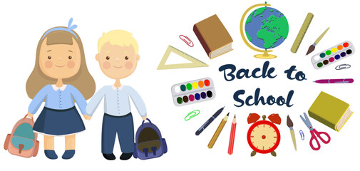  back to school illustration. Boy and girl with backpacks and set of stationery