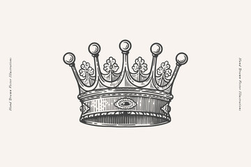 Graceful crown in engraving style. The symbol of the medieval king on a light isolated background. Vintage vector illustration.