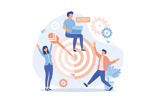 Teamwork online, common goals Business team carries huge arrow to goal. Metaphor for common cause. Leader leads team towards common goal concept. modern illustration modern illustration