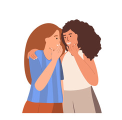 Women gossipping, whispering secrets, telling news. Girls friends talking, spreading rumors. Happy girlfriends giggling, chatting, tattling. Flat vector illustration isolated on white background
