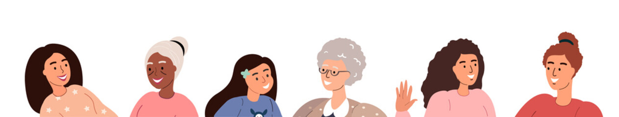 Happy young confident women look at you.Girl power.Feminism concept.Happy womans day.Women March.Flat cartoon character isolated on white background.Colorful vector illustration