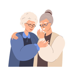 Fototapeta premium Old Retired Women gossipping,whispering secrets,telling news.Ladies friend talking,spreading rumors.Happy Grandmothers girlfriends giggling,chatting,tattling.Flat vector illustration isolated on white