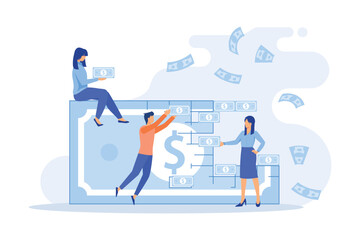 crowdfunding People donate money for idea support put coins in huge glowing light bulbs. Social help, philanthropy, donation and charity platform flat vector modern illustration