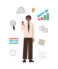 Thinking, idea, success, search, business concept. Young happy smiling businessman guy clerk manager character sitting on light bulb. Creation of idea, problem or trouble solution and brainstorming. 